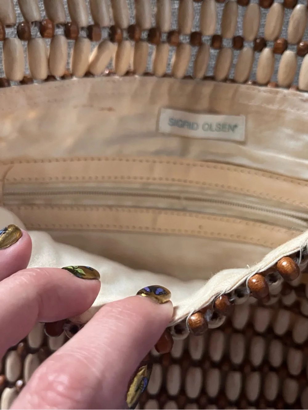 Sigrid Olsen Beaded Wood Bead Clutch in Cream and Brown